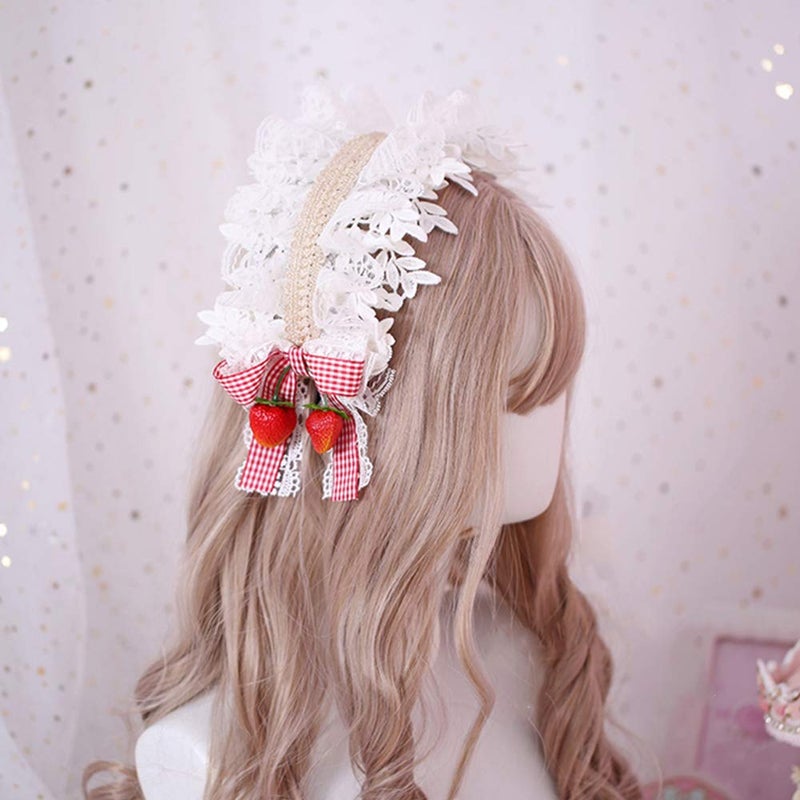 YOMORIO Womens Strawberry Maid Cosplay Hair Hoop Lolita Cute Bows Headwear Vintage Lace Hairband (White) - Image 4